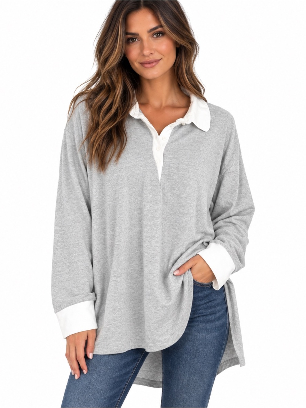 Aerie Womens Oversized Rugby Polo Shirt Medium Gray White Preppy Coastal Lounge